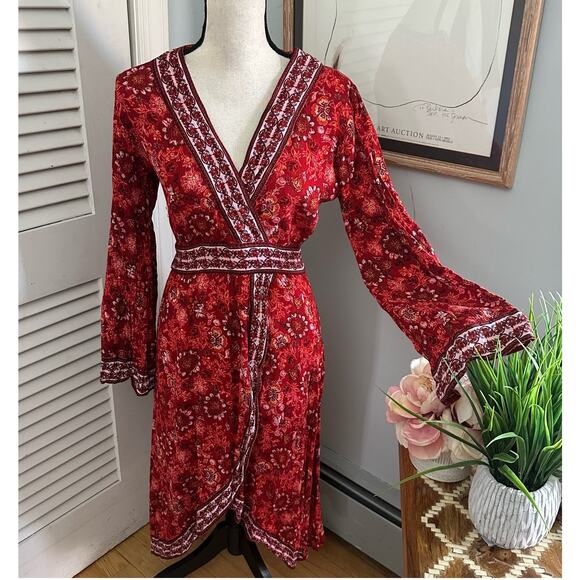 LULUS Womens Dress Medium Red Faux Wrap Midi Peasant Bohemian Long Sleeve - Picture 1 of 14